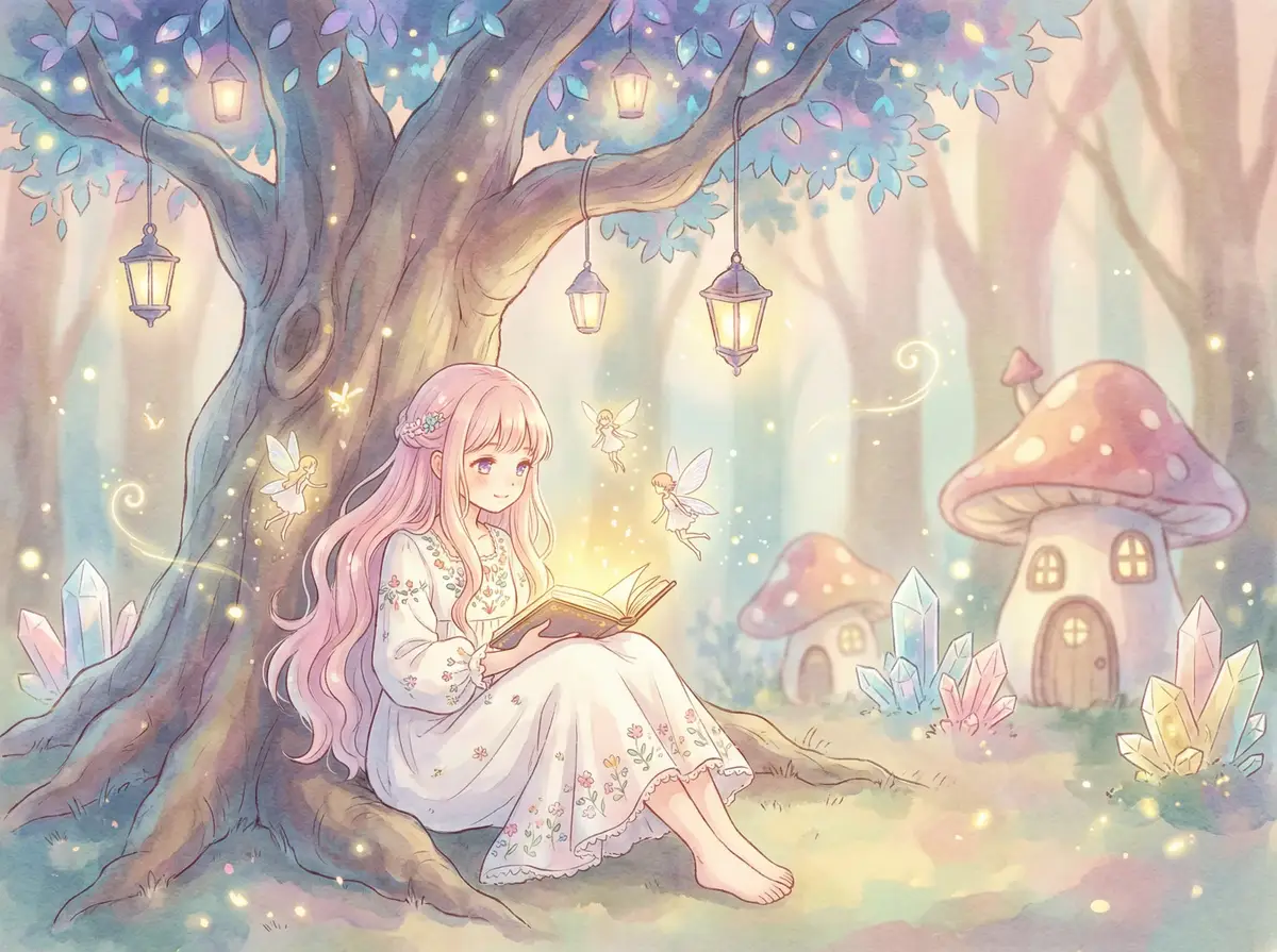 bilibili禁漫 - 魔法森林中阅读故事书的粉发少女与精灵